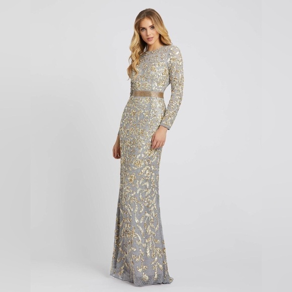 Mac Duggal 4316D Long Sleeve Beaded Formal Black Tie Evening Gown Platinum Gold - Picture 1 of 15